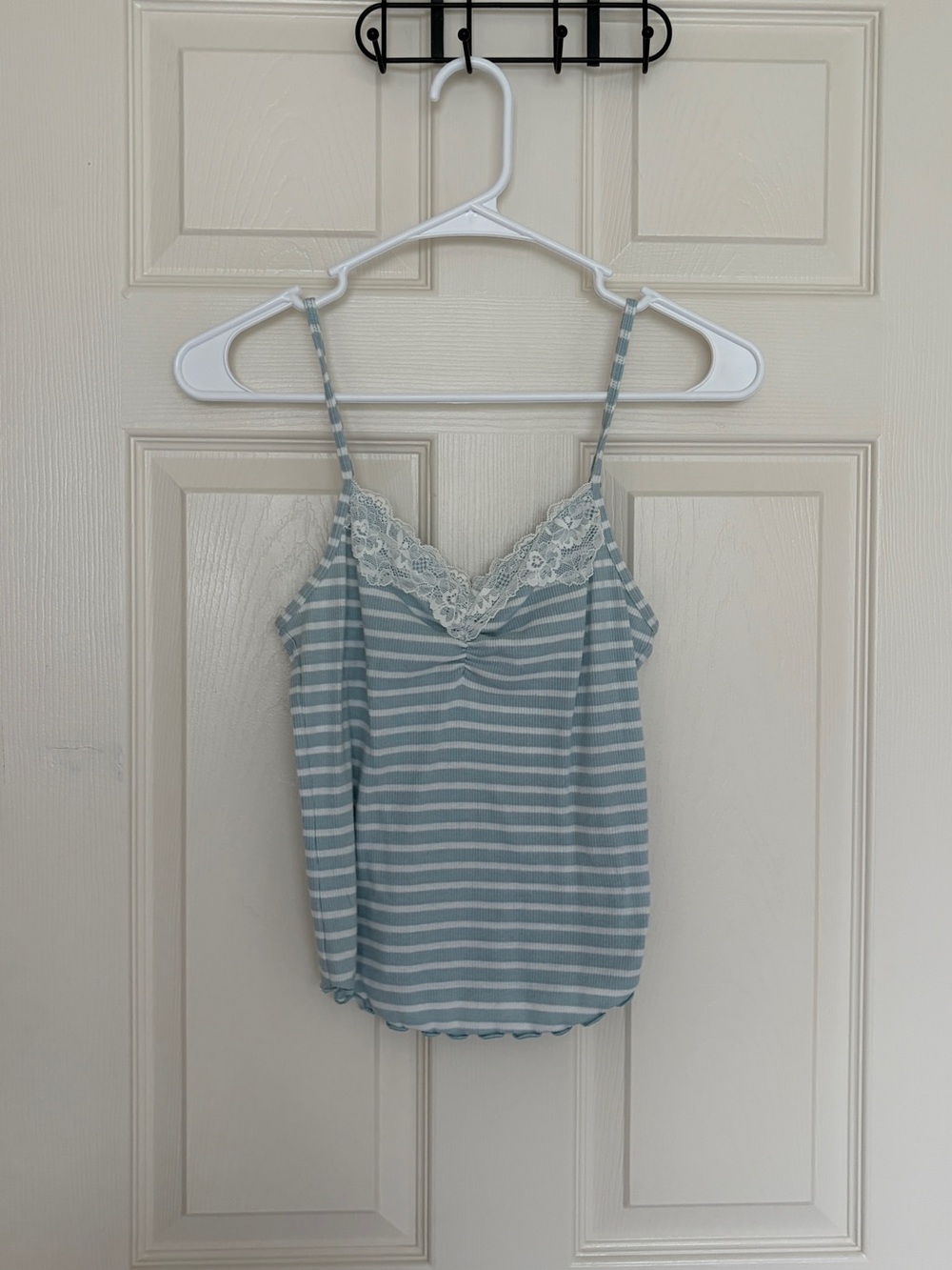 American Eagle Outfitters Light Blue & White Striped Lace-Trim Cami